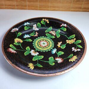 Vintage Cloisonne Bowl Chinese Enamel Dish Floral on Black Brass Rim and Base